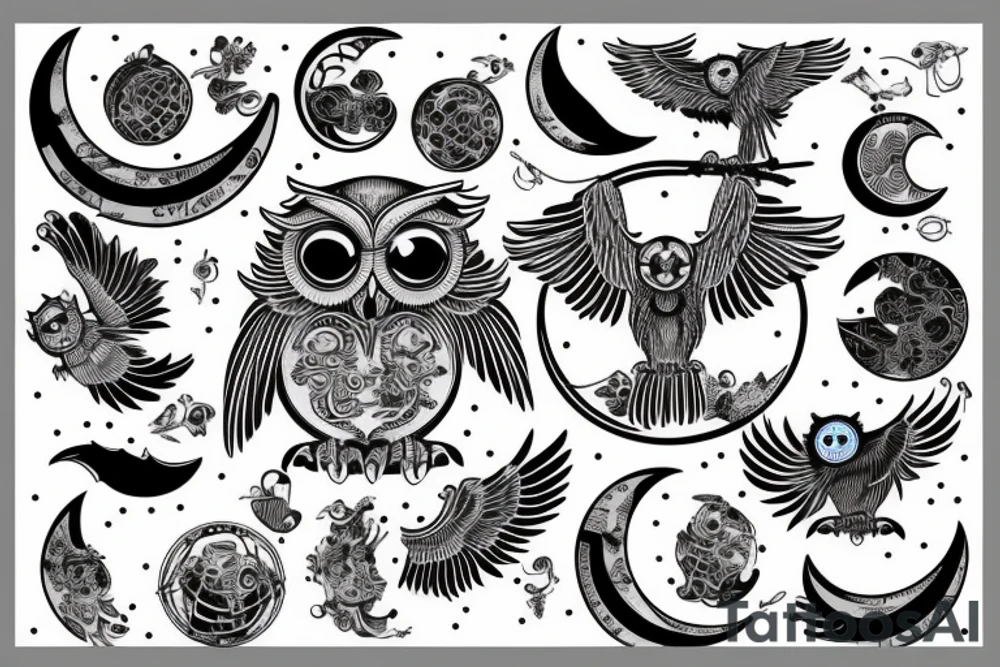 Mechanical owl with wings stretching outward in front of a moon tattoo idea