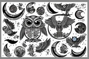 Mechanical owl with wings stretching outward in front of a moon tattoo idea