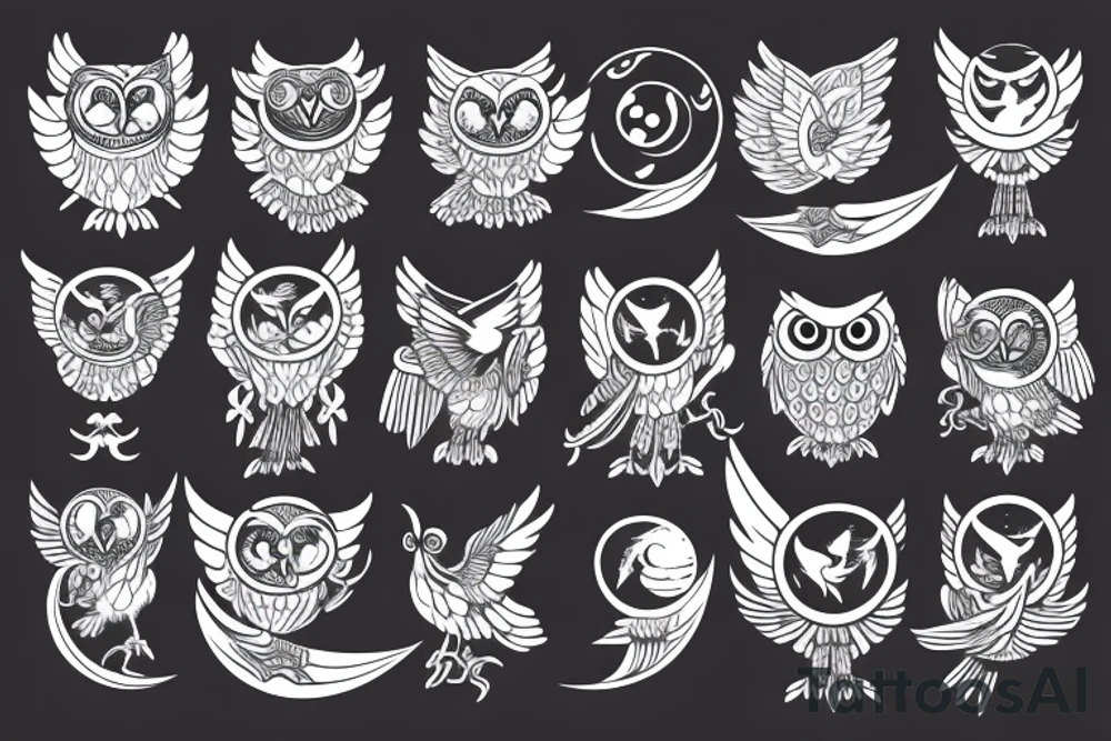 owl with wings stretching outward in front of a moon attacking tattoo idea
