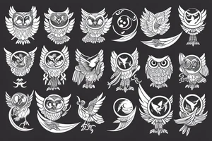 owl with wings stretching outward in front of a moon attacking tattoo idea