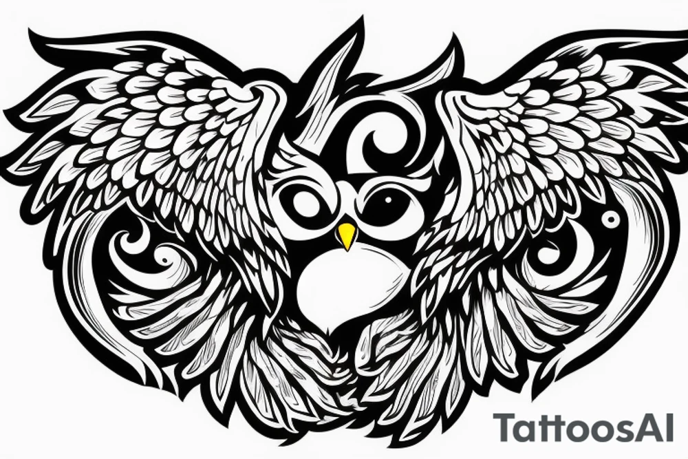 owl with wings stretching outward in front of a moon attacking tattoo idea