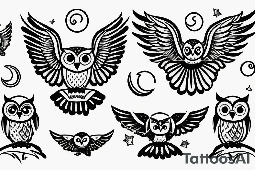 owl with wings stretching outward in front of a moon tattoo idea