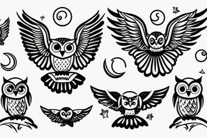 owl with wings stretching outward in front of a moon tattoo idea