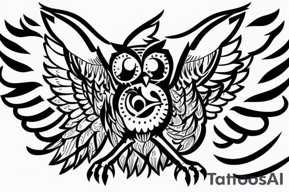owl with wings stretching outward in front of a moon tattoo idea