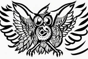 owl with wings stretching outward in front of a moon tattoo idea