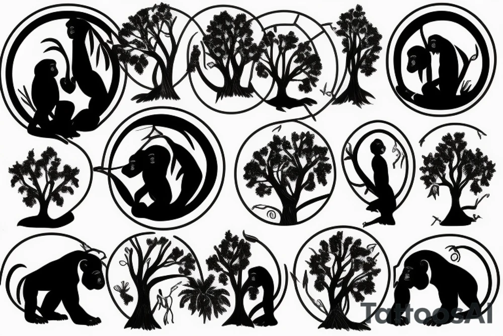 Trees in the shape of godly gorillas in a circle tattoo idea