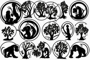 Trees in the shape of godly gorillas in a circle tattoo idea