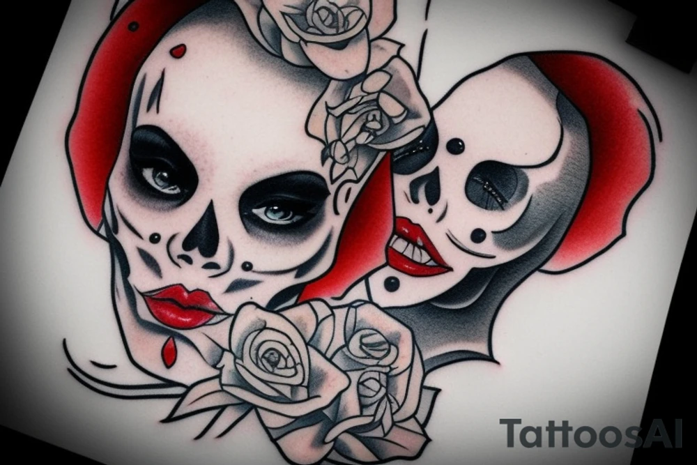 woman with red lipstick and half skull face tattoo idea