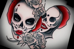 woman with red lipstick and half skull face tattoo idea