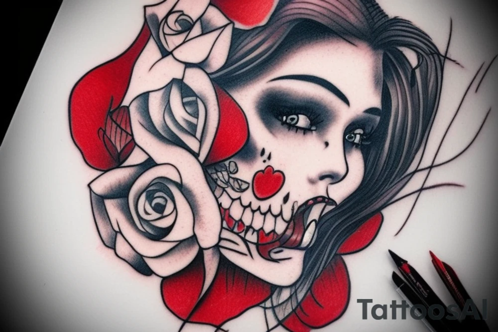 woman with red lipstick and half skull face tattoo idea
