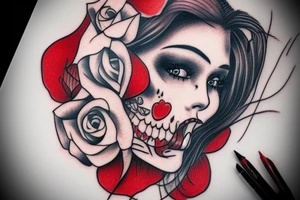 woman with red lipstick and half skull face tattoo idea