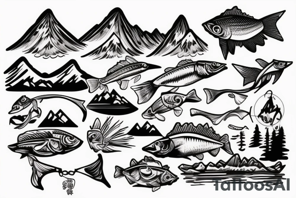Fishing and mountains tattoo idea