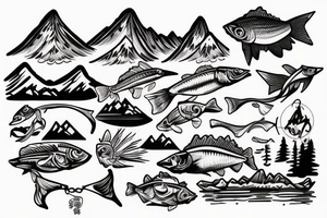 Fishing and mountains tattoo idea
