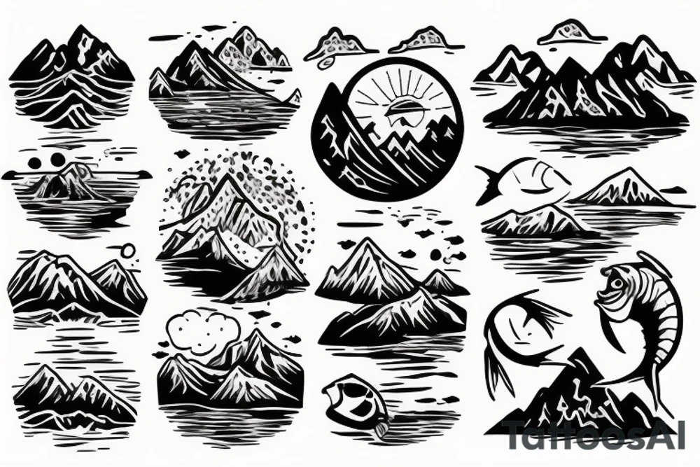 Fishing and mountains tattoo idea