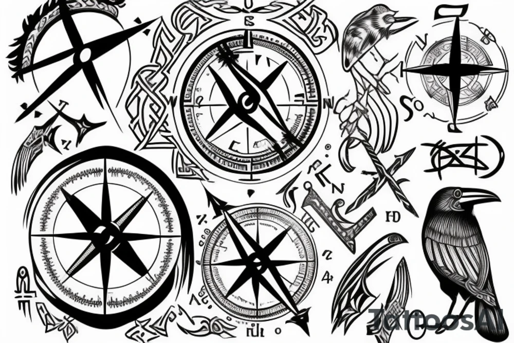Nordic compass with runes and a raven head tattoo idea