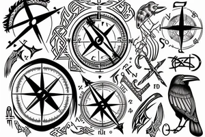 Nordic compass with runes and a raven head tattoo idea