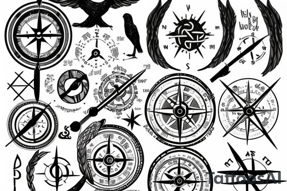 Nordic compass with runes and a raven head tattoo idea