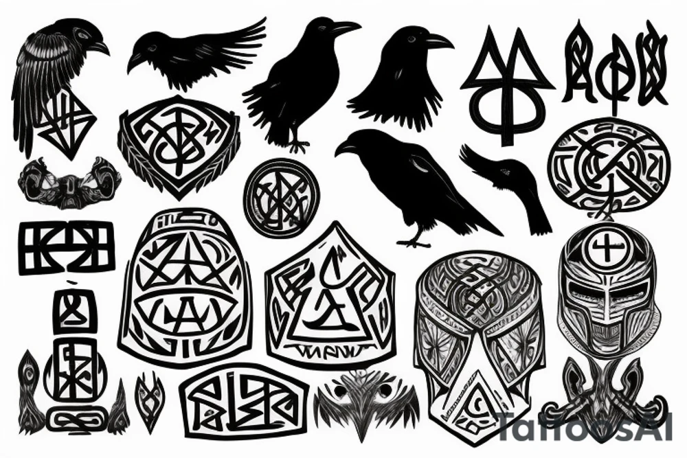 Helm of awe with runes and a raven head tattoo idea