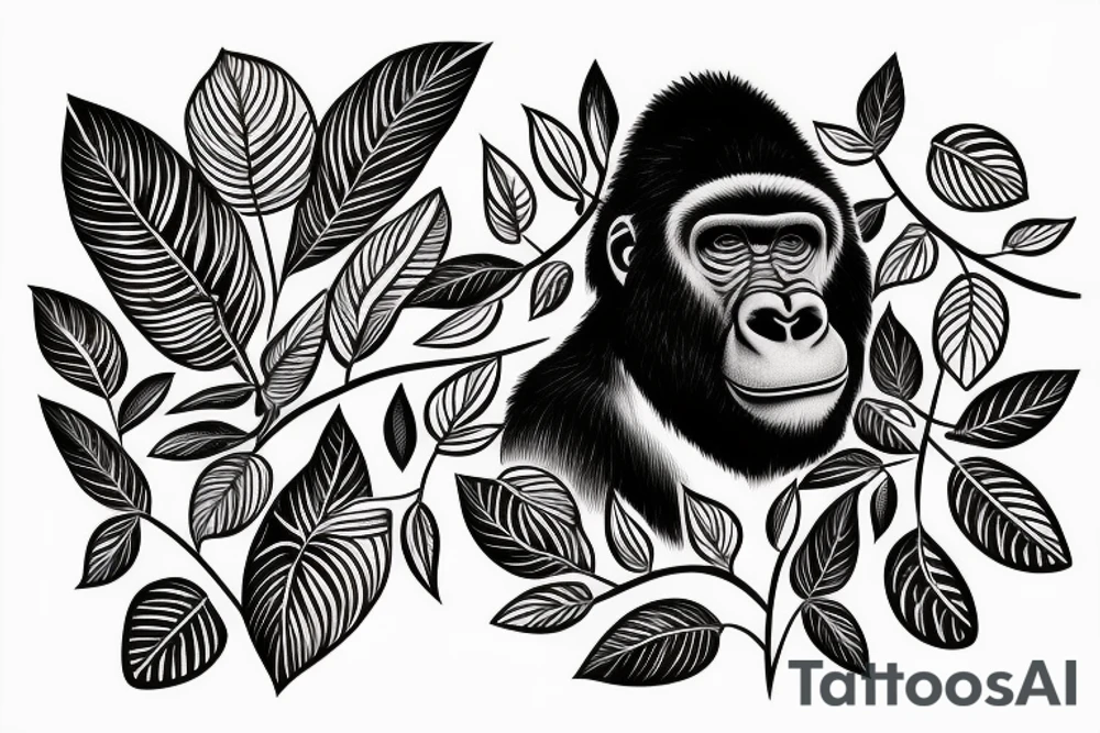 Gorilla head between leaves tattoo idea