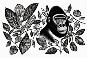 Gorilla head between leaves tattoo idea