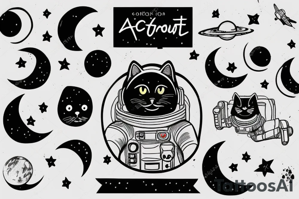 Astronaut black cat with a moon background tattoo idea