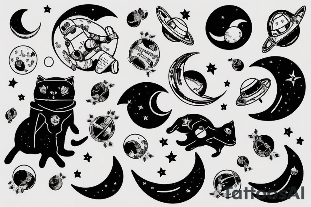 Astronaut black cat with a moon background tattoo idea