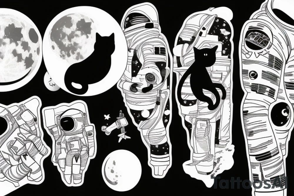 Astronaut black cat with a moon background tattoo idea
