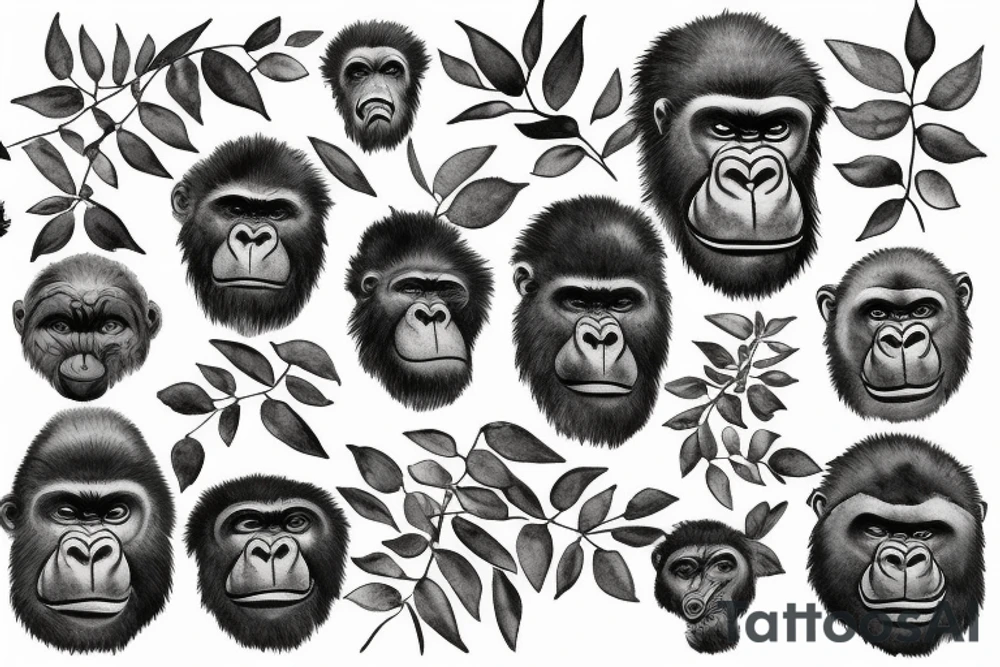 Gorilla head between leaves tattoo idea
