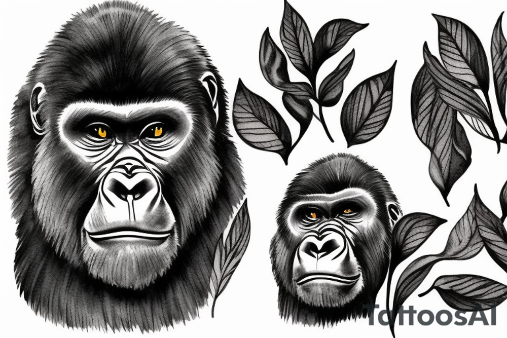 Gorilla head between leaves tattoo idea
