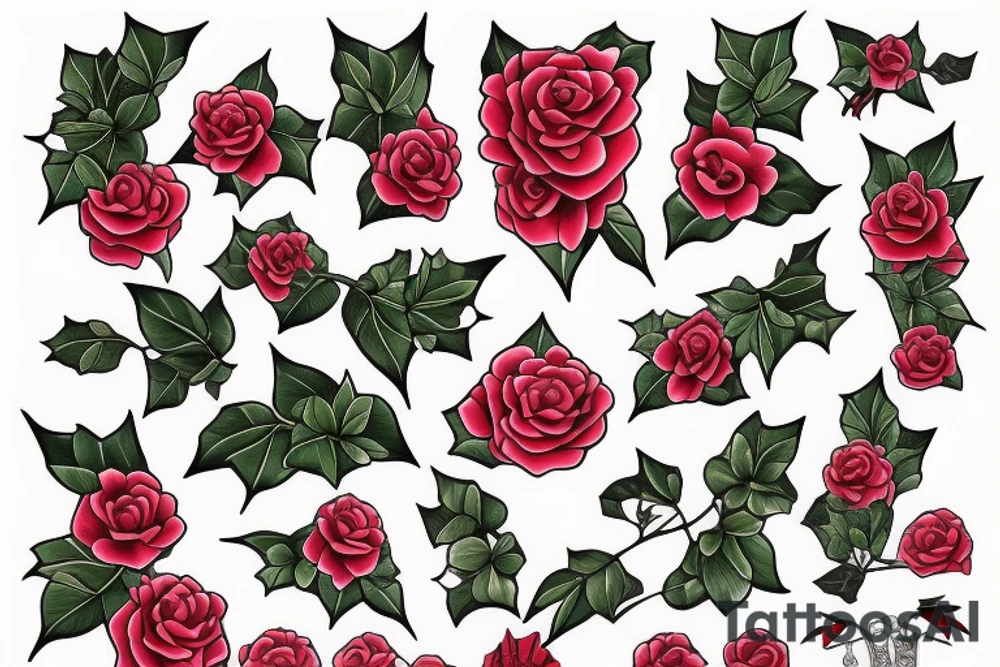 English Ivy intertwined with red ribbons tattoo idea