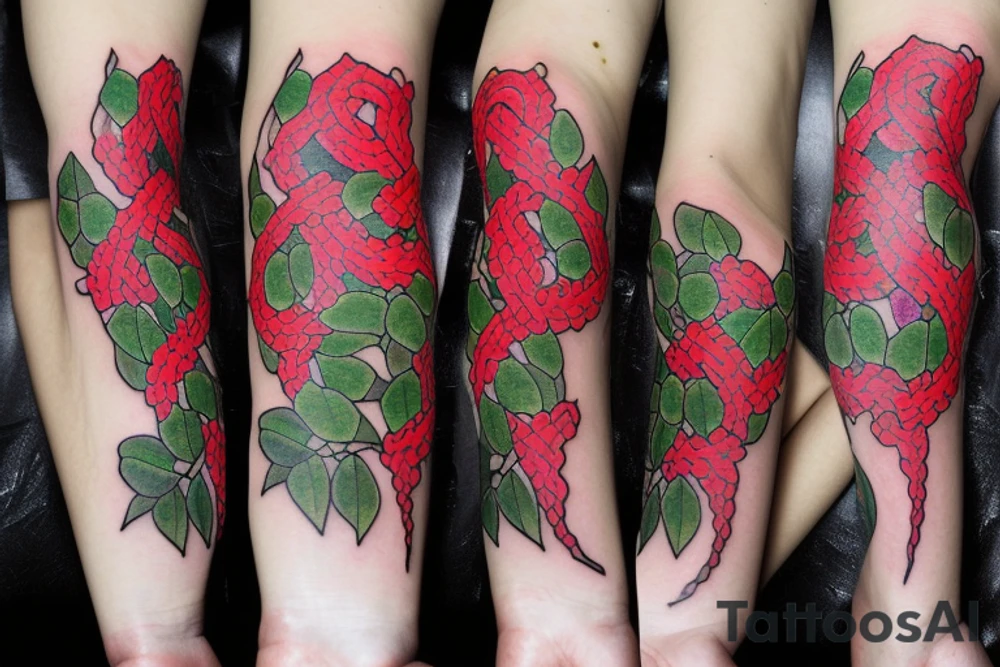 a long strand of English Ivy intertwined with red ribbons tattoo idea