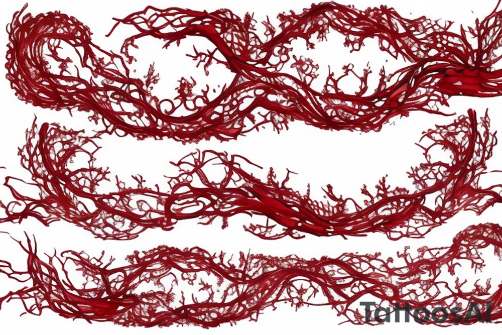 a long branch of English Ivy intertwined with lace red ribbons. there is abyssal script running along the ribbons tattoo idea