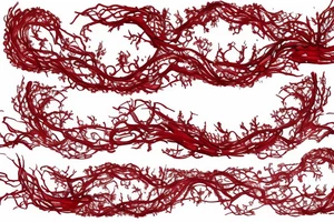 a long branch of English Ivy intertwined with lace red ribbons. there is abyssal script running along the ribbons tattoo idea