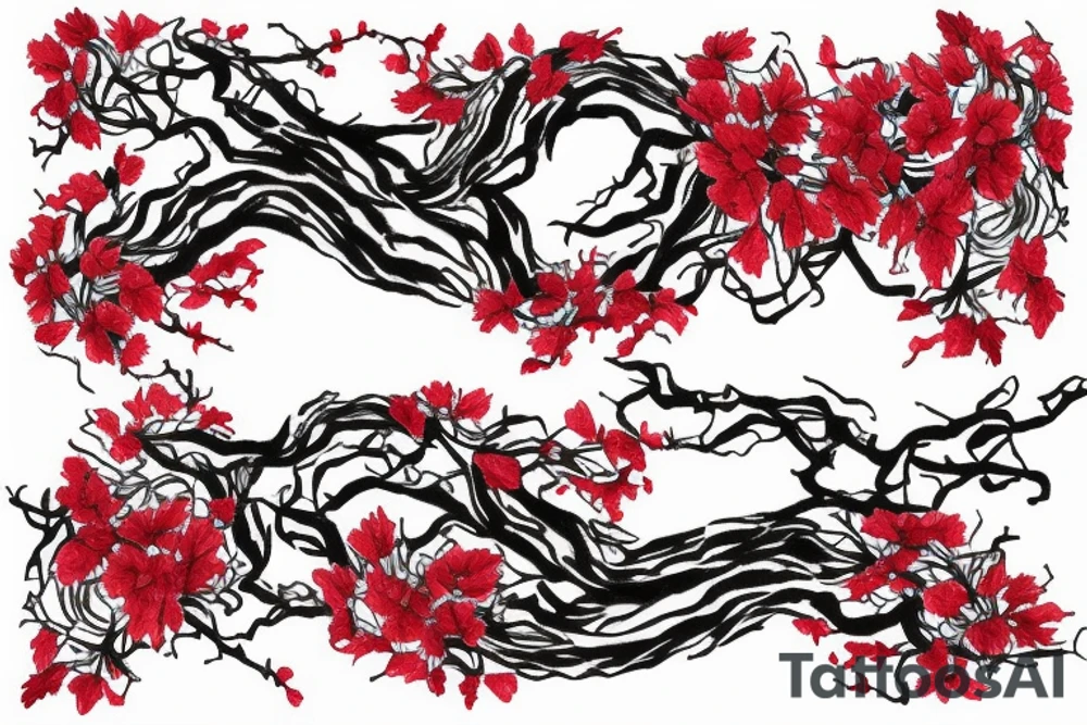 a long branch of English Ivy intertwined with lace red ribbons. there is abyssal script running along the ribbons tattoo idea