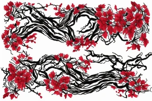 a long branch of English Ivy intertwined with lace red ribbons. there is abyssal script running along the ribbons tattoo idea