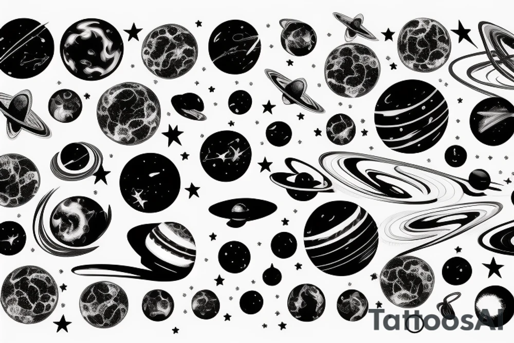 High detail space black holes planets stars connected designs tattoo idea