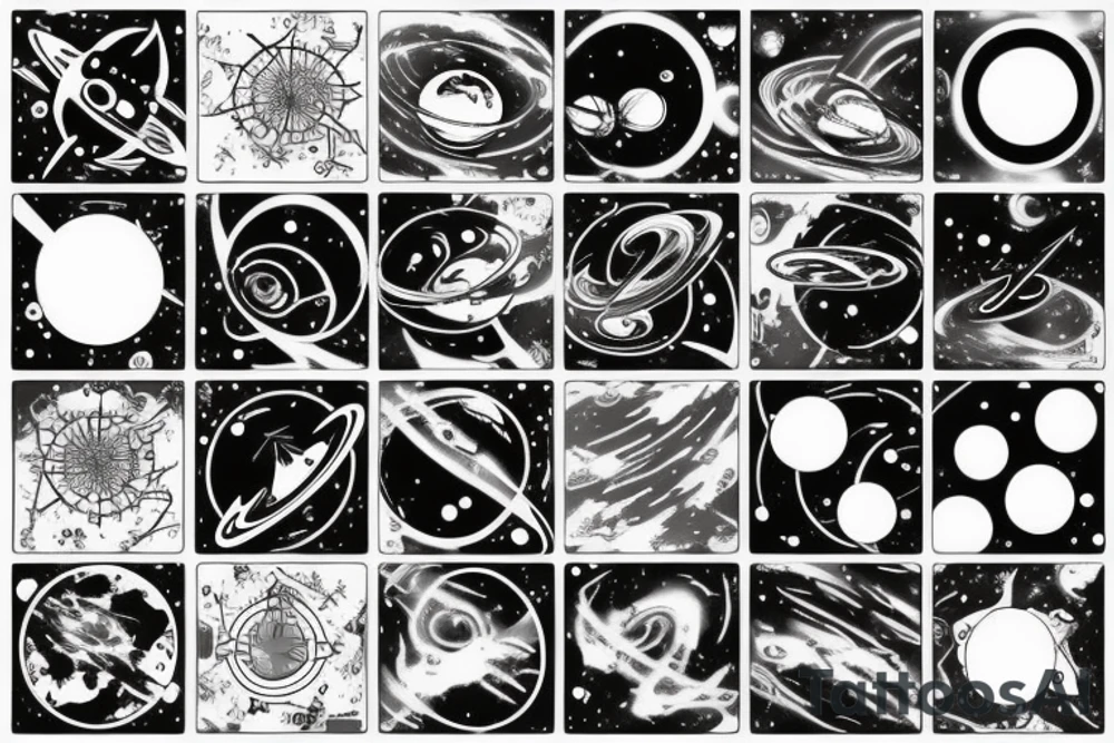 High detail space black holes planets stars connected designs tattoo idea
