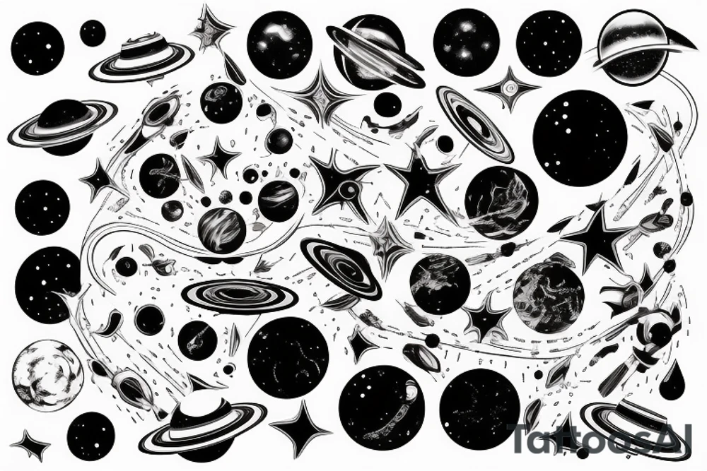 High detail space black holes planets stars connected designs tattoo idea