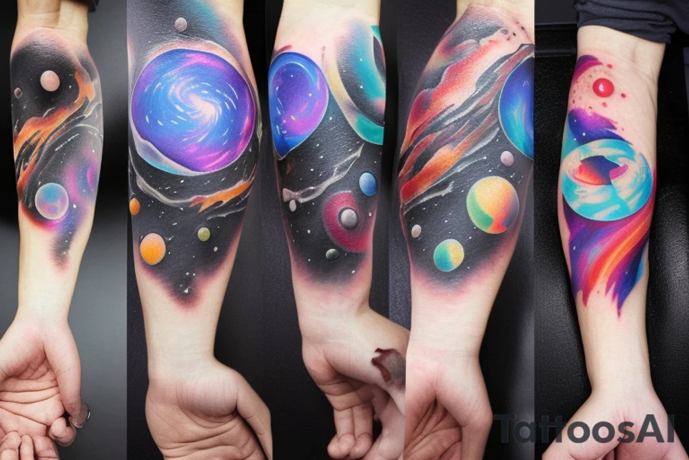 Colorful space black hole planets stars collision tattoo idea