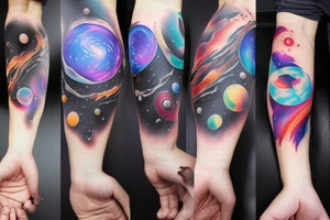 Colorful space black hole planets stars collision tattoo idea