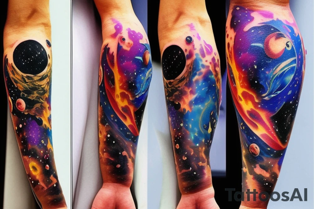 Colorful space black hole planets stars collision tattoo idea