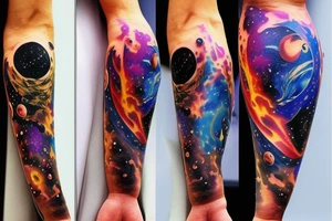 Colorful space black hole planets stars collision tattoo idea