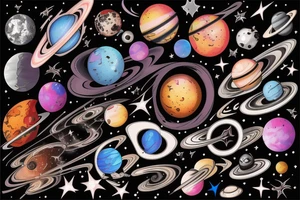 Colorful space black hole planets stars collision intense tattoo idea