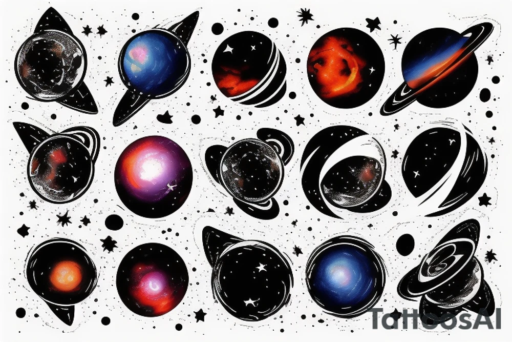 Colorful space black hole planets stars collision intense tattoo idea