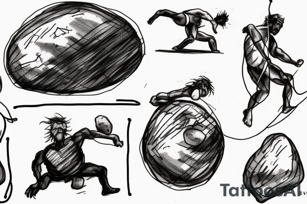 Sisyphus pushing a boulder up a high mountain chain tattoo idea