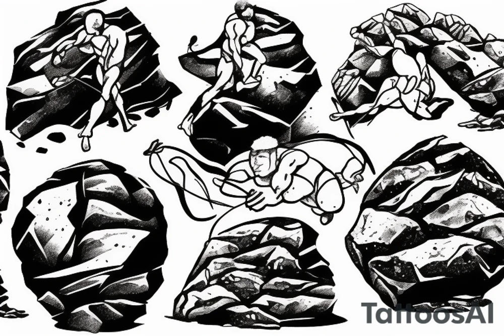 Sisyphus pushing a boulder up a high mountain chain tattoo idea