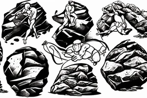 Sisyphus pushing a boulder up a high mountain chain tattoo idea