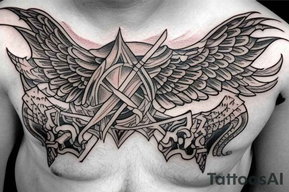 sword with wings on the side on the chest tattoo idea