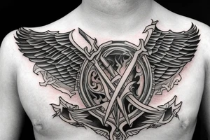 sword with wings on the side on the chest tattoo idea