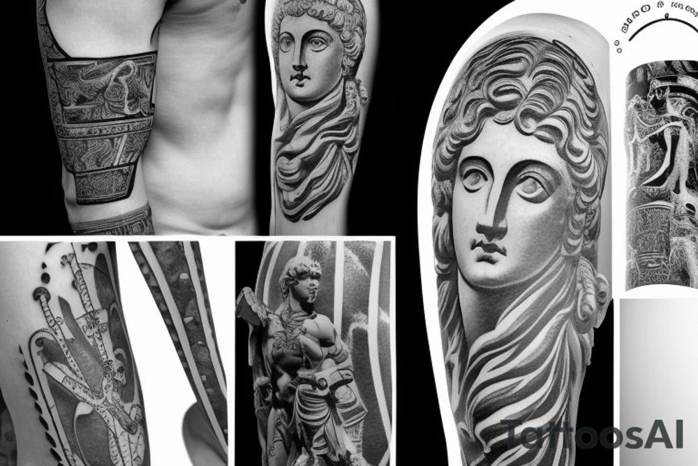Apollo Greek statue surrounded by filigri tattoo idea Apollo Greek statue surrounded by filigri tattoo idea